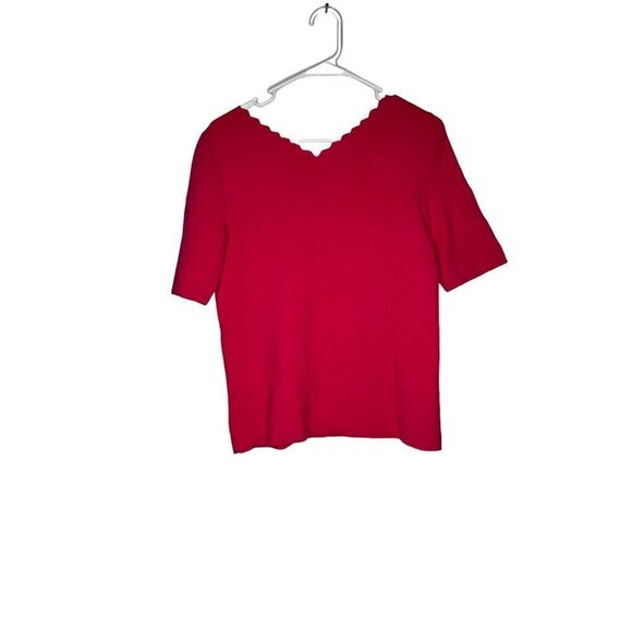 Scalloped Neckline Ribbed Short Sleeve Top Pink - Picture 3 of 3